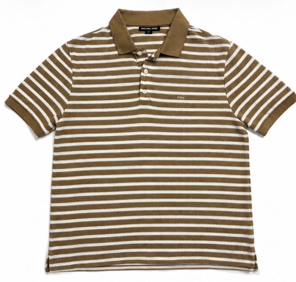Michael Kors Men’s Polo Shirt Medium Brown White Striped Short Sleeve MK Logo